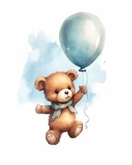 A cute teddy bear with ballon, blue, watercolor, it's a boy. Isolated, baby room frame, nursery room frame.