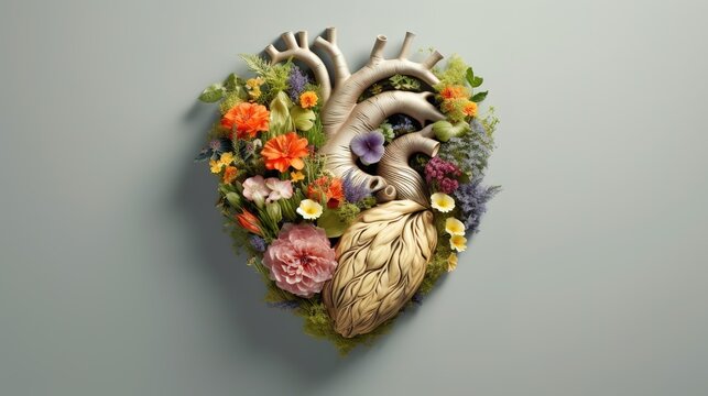 Human heart full of life, flowers and plants, Generative ai.
