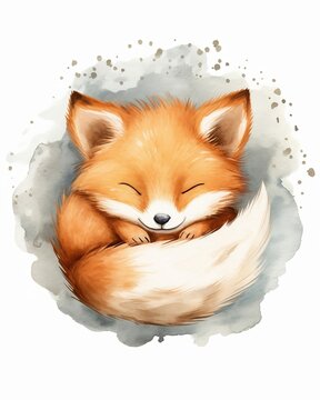 A cute baby red fox sleeping, happy smiling,crescent moon tail, watercolor. Isolated, baby room frame, nursery room frame.