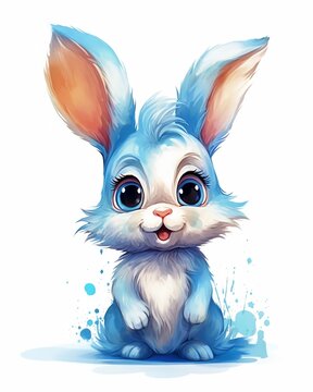 A cute baby rabbit, bunny, happy smiling, jumping, watercolor. Blue. Isolated, baby room frame, nursery room frame. AI generative