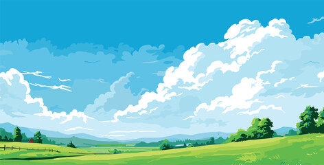 Obraz na płótnie Canvas green meadow with blue sky white clouds. Vector illustration