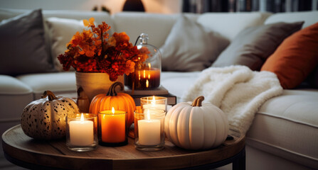 Fototapeta na wymiar Autumn interior design concept: Autumn living room interior decorated with pumpkins and candles