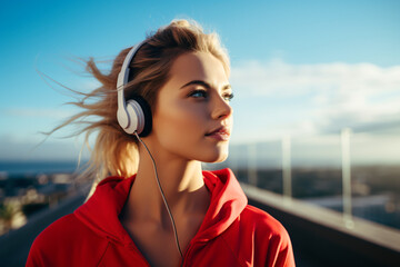 Caucasian sports woman listening to music on headphones outdoors - obrazy, fototapety, plakaty