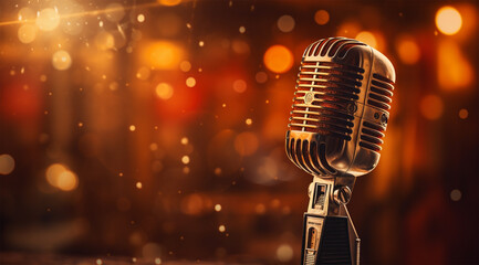 Retro microphone on stage with light bokeh background.