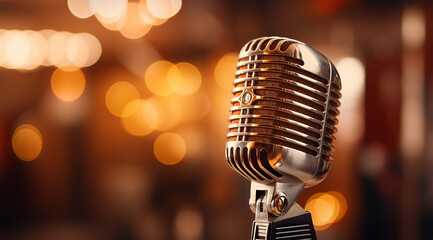 Retro microphone on stage with light bokeh background.