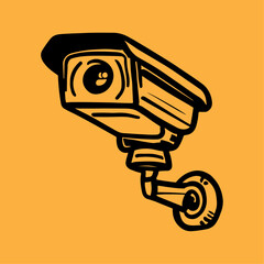 Security camera. CCTV surveillance system. Monitoring, guard equipment, burglary or robbery prevention. Vector illustration isolated on yellow background.