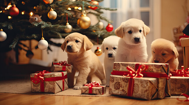 Christmas Puppy In A Gift Box Stock Photo - Download Image Now