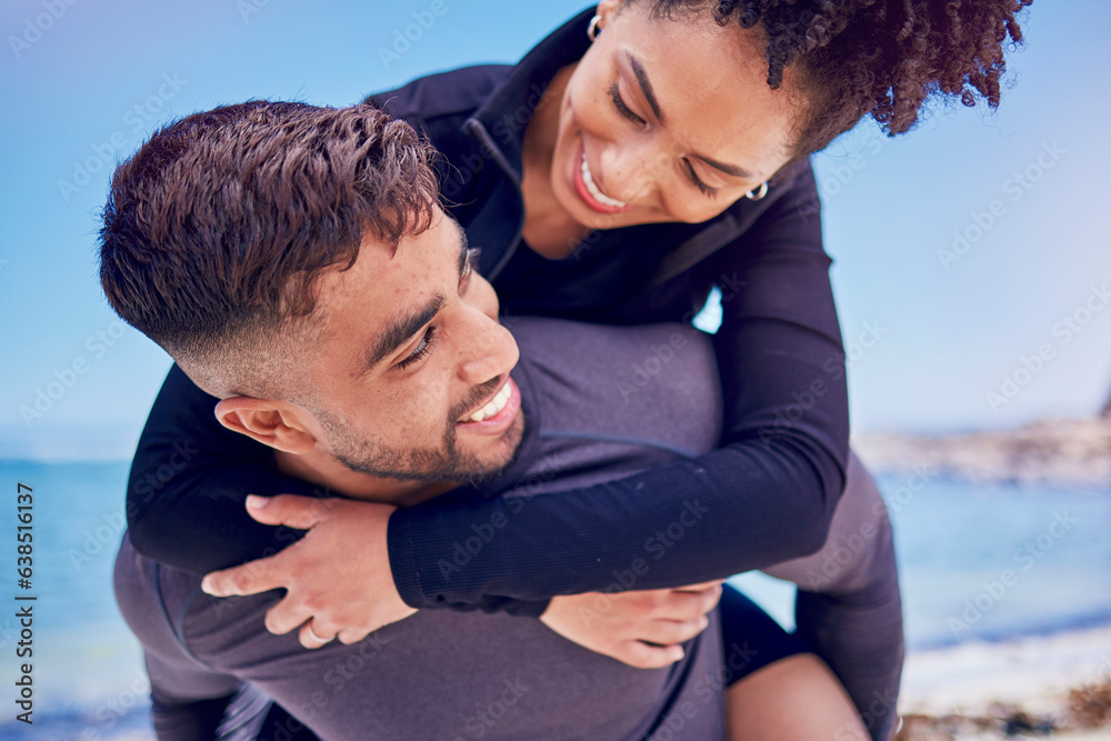 Poster Piggyback, love and fitness couple at a beach for training, bond and morning workout in nature. Sports, workout and happy man with woman at the ocean for wellness, freedom and exercise celebration