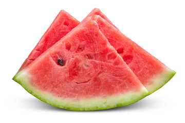 Several slices of ripe triangular shaped watermelon isolated on a transparent background.