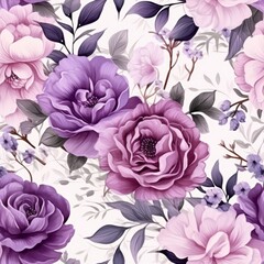 Watercolor blue floral seamless pattern with purple roses. Generated AI