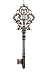 Fototapeta na wymiar A silver key with a blue crystal on it. Digital image.