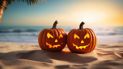 halloween jack o lantern concept with pumpkins on the beach, tropical vacation