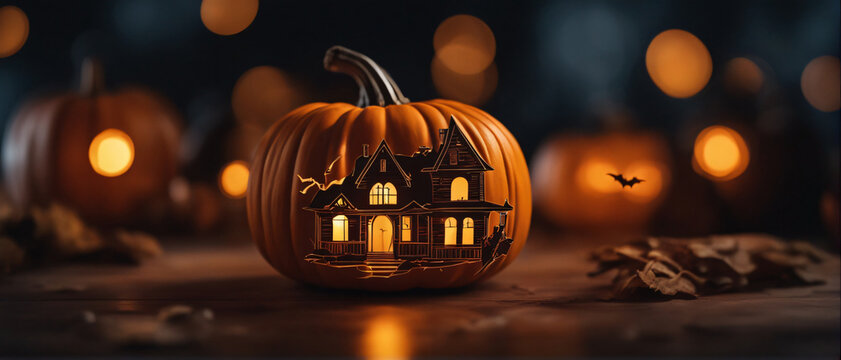 Halloween pumpkin ghost house with bat illustration art