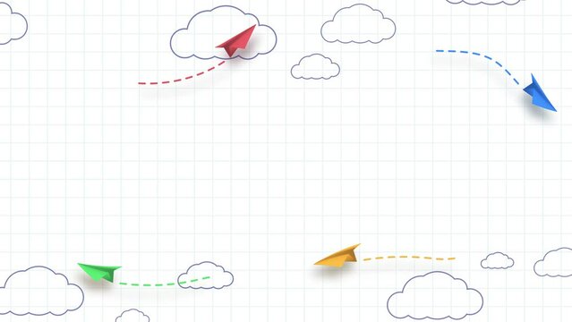 School notebook background. 3d flying yellow, red and blue paper airplanes in the sky with hand drawn clouds. Seamless loop cartoon children planes in air animation. Back to school frame 4k video.