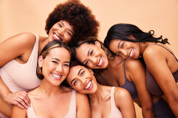Beauty, diversity and portrait of women happy with makeup for cosmetic skincare isolated in studio brown background. Skin, aesthetic and young friends together for self care, dermatology and support - obrazy, fototapety, plakaty