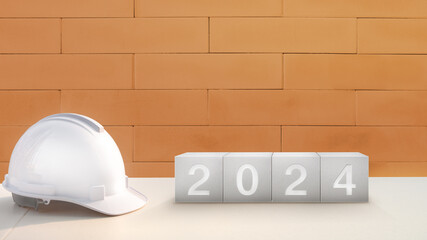 happy new year 2024 for  construction industry. Construction worker prepares to celebrate the new...