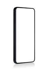 Smart Phone stands vertically with blank screen, on white background