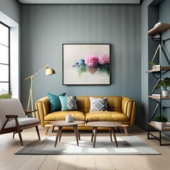 Modern interior design, in a spacious room, next to a table with flowers against a gray wall. Bright, spacious room with a comfortable sofa, plants and elegant accessories. 3d rendering