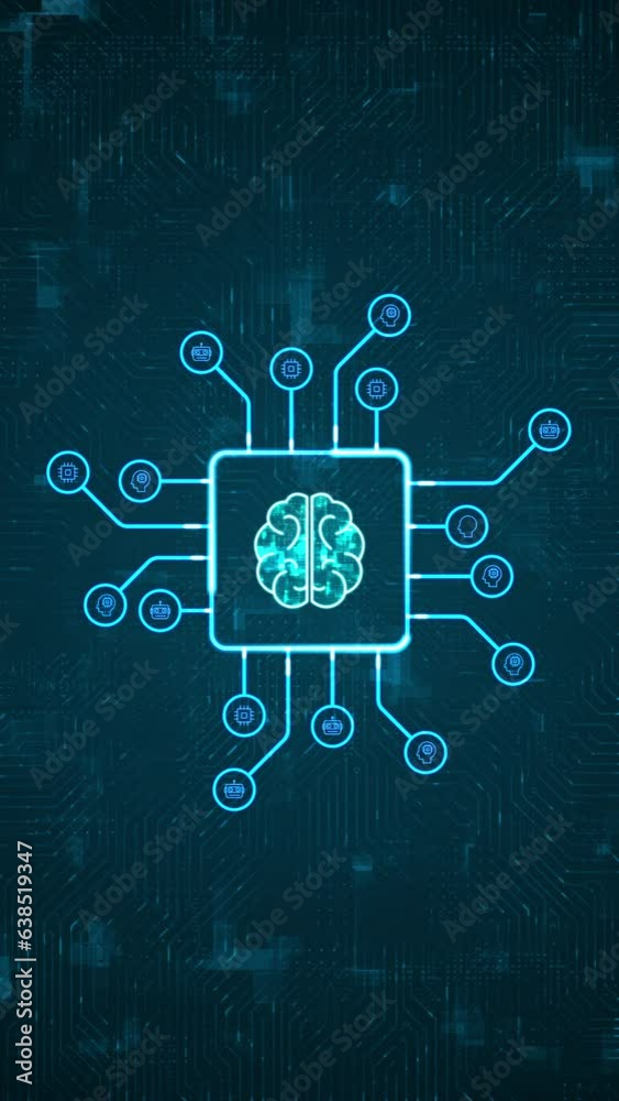 Poster motion graphic of blue digital brain logo and hud technology circuit board with ai icon and data tra