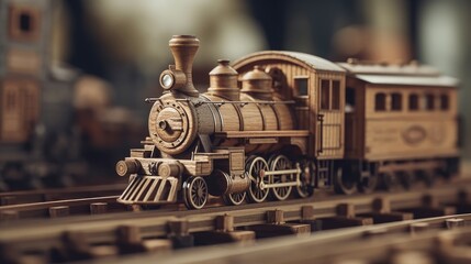 Unique wooden toy train illustration - obrazy, fototapety, plakaty