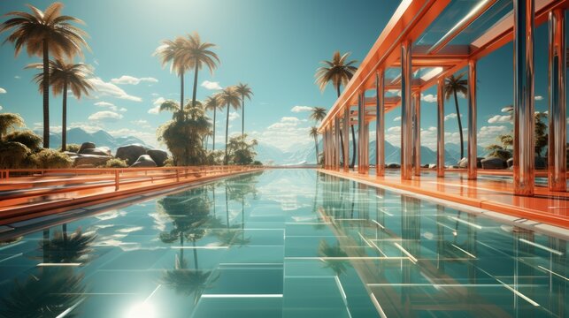 A long pool with palm trees in the background. Digital image.