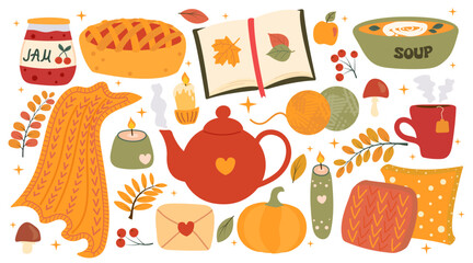 Autumn set of cozy elements: food, drinks, candles, decor