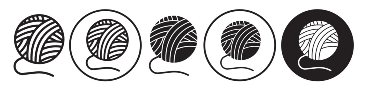 Yarn Ball Icon. Symbol of woolen cotton knit thread use for tailoring or sewing of cloth,. Vector set of hand made twine with needle to craft knit wear material. Flat outline logo mark of skein string