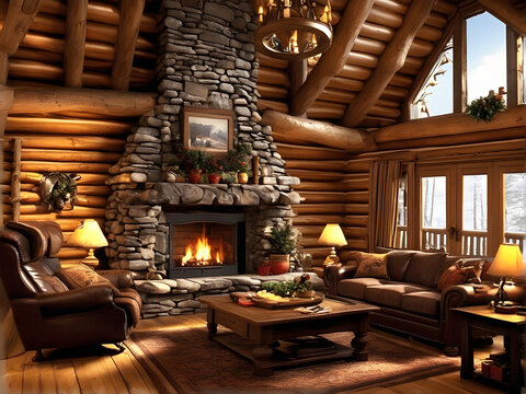Rustic winter cabin, cozy interior, stone fireplace, log cabin, warm winter ambiance, Generative AI