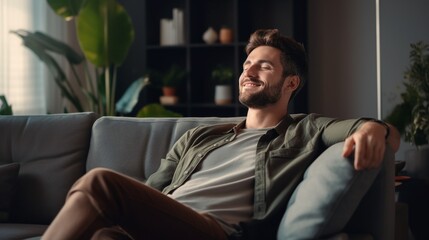 Satisfied handsome young man relaxing on sofa at home in living room, resting after a hard day work, closed eyes, stretch the body, smiles happily. Relaxation, self care, enjoy life concept
