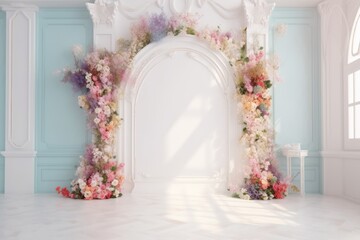 wedding backdrop aesthetic flower decoration pastel color indoor minimalist studio background 