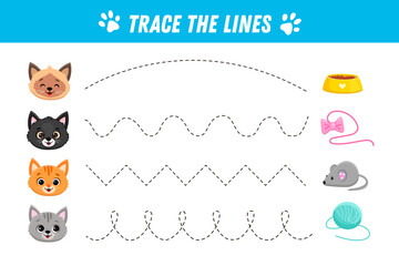 Tracing lines for kids. Cute cats. Cartoon kitten.Handwriting practice. Educational game for preschool kids. Activity page. 