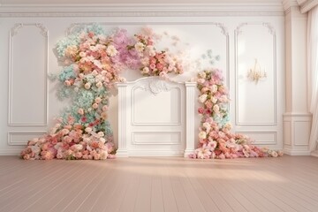 wedding backdrop aesthetic flower decoration pastel color indoor minimalist studio background 