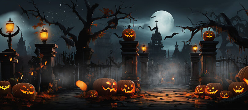 spooky halloween backgound with jack o' lantern pumpkins on the foggy night street autumn leaves and candles