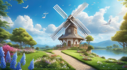 Renewable Energy Amidst Lush Green Landscape and Flowering Plants