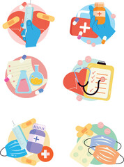 set of medical icons, illustrations. Laboratory research, microscope, samples, blood, pills, masks, bacteria.Editable stroke