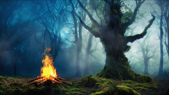 Burning bonfire in a haunted forest full of fog, 4k 30fps looping video