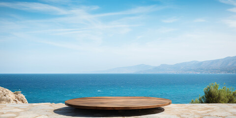 Wooden table on the background of the sea, island and the blue sky. High quality photo