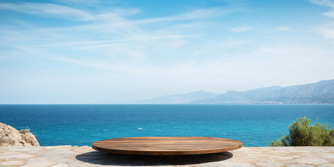 Fototapeta na wymiar Wooden table on the background of the sea, island and the blue sky. High quality photo