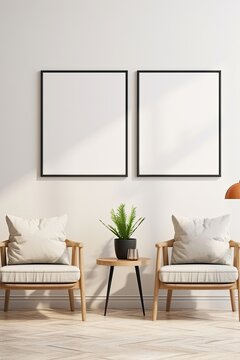 Mock up poster in modern living room interior design with white empty wall, Generative AI 