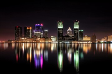 Fototapeta na wymiar Nighttime view of Detroit skyline with dazzling lights. Generative AI