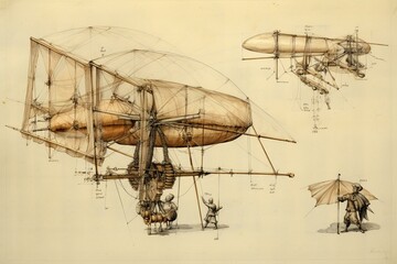Artwork of an airborne contraption designed by Leonardo da Vinci. Generative AI
