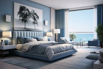 Modern blue bedroom. Generative AI