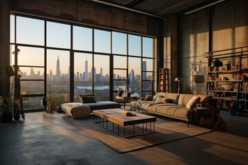 Spacious urban loft with bare concrete floor and stunning city scenery. Generative AI - obrazy, fototapety, plakaty