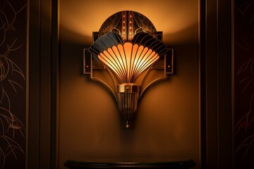 lamp with art deco design mounted on brown wall. Generative AI