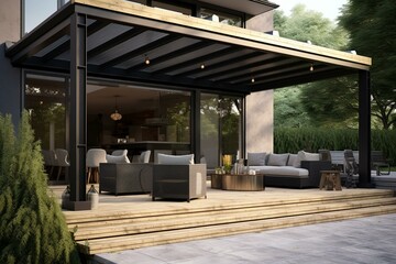 3D rendering of a patio featuring a retractable cover. Generative AI