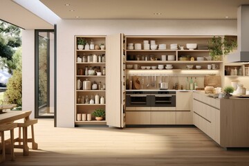 Modern kitchen with open pantry doors. Generative AI