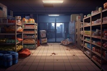 Scarcity of food in a typical store with shelves devoid of products. Generative AI