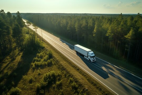 Blue Truck Passes White Truck On Forest-lined Highway Under Radiant Sun. Overhead View. Generative AI