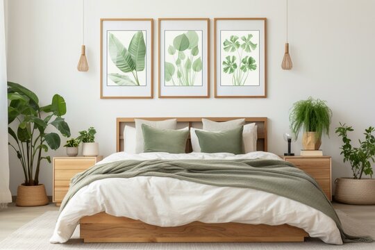 A sunny natural-themed bedroom with plants and three picture frames over the bed. Generative AI
