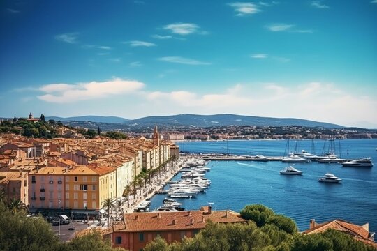 Scenic panorama of Saint-Tropez city, an alluring travel spot in the Côte d'Azur region of Provence, Europe. Generative AI